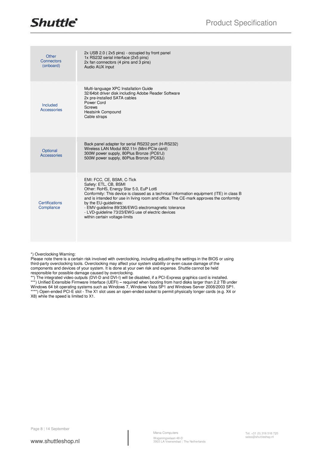 Shuttle Computer Group SH61R4 manual 8 14 September 