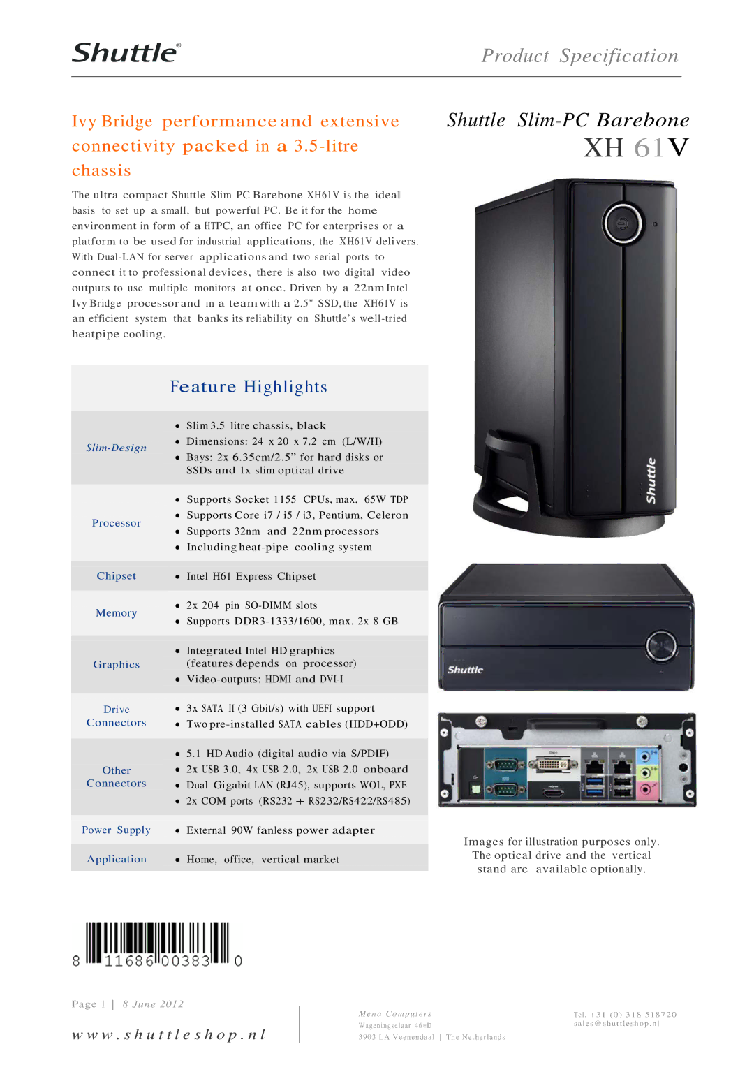 Shuttle Computer Group XH61V dimensions Product Specification, Slim-Design 