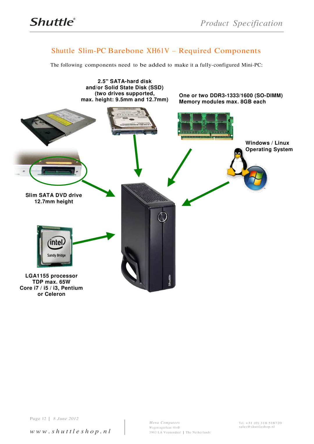 Shuttle Computer Group dimensions Shuttle Slim-PC Barebone XH61V Required Components 