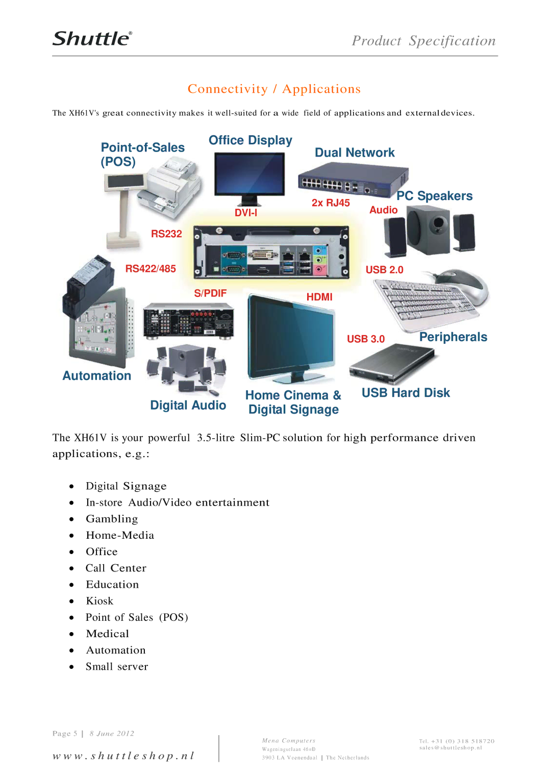 Shuttle Computer Group XH61V dimensions Connectivity / Applications, Pos 