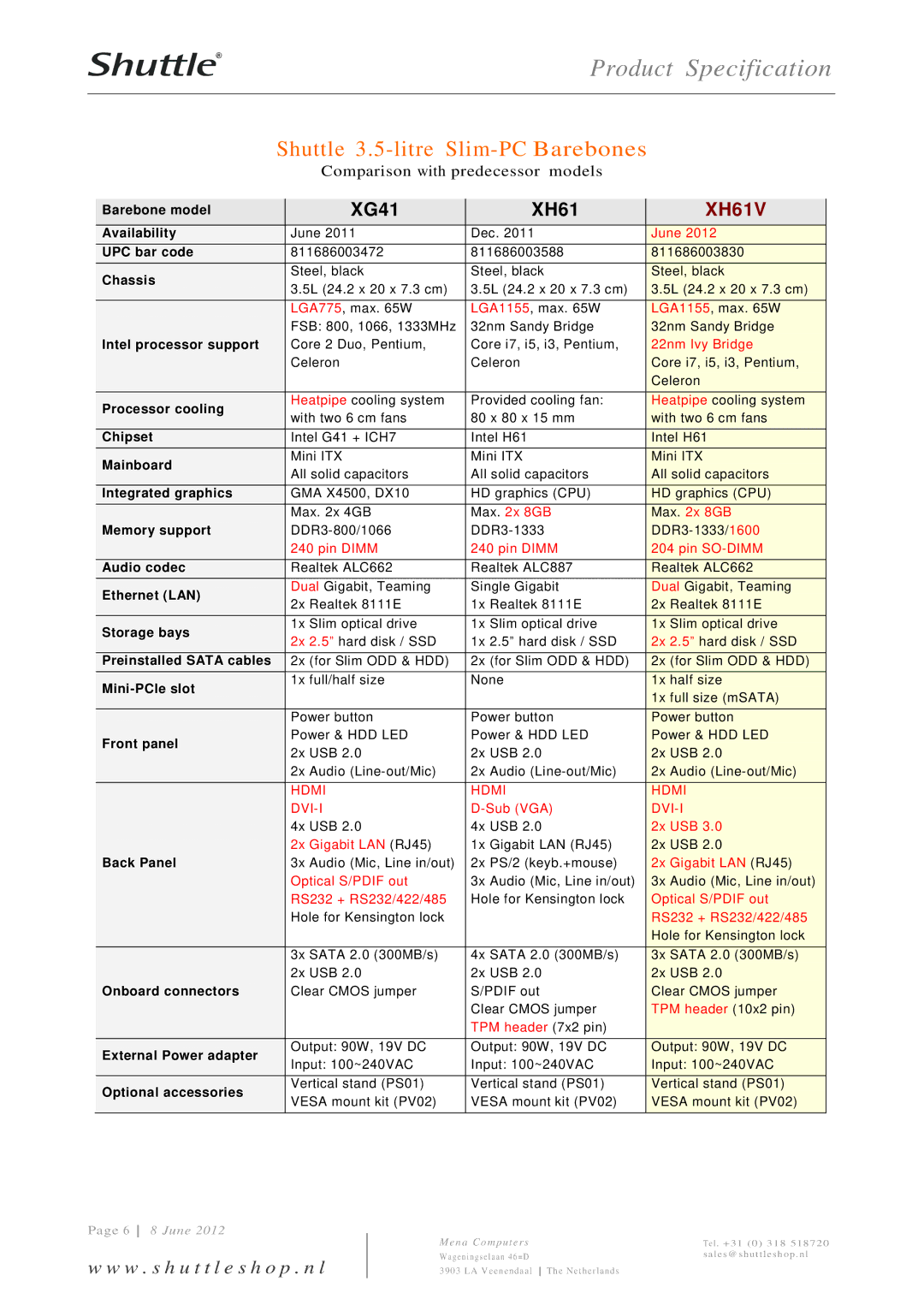 Shuttle Computer Group XH61V dimensions Shuttle 3.5-litre Slim-PC Barebones 