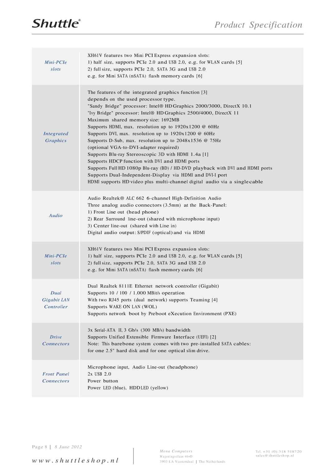 Shuttle Computer Group XH61V dimensions 8 8 June 