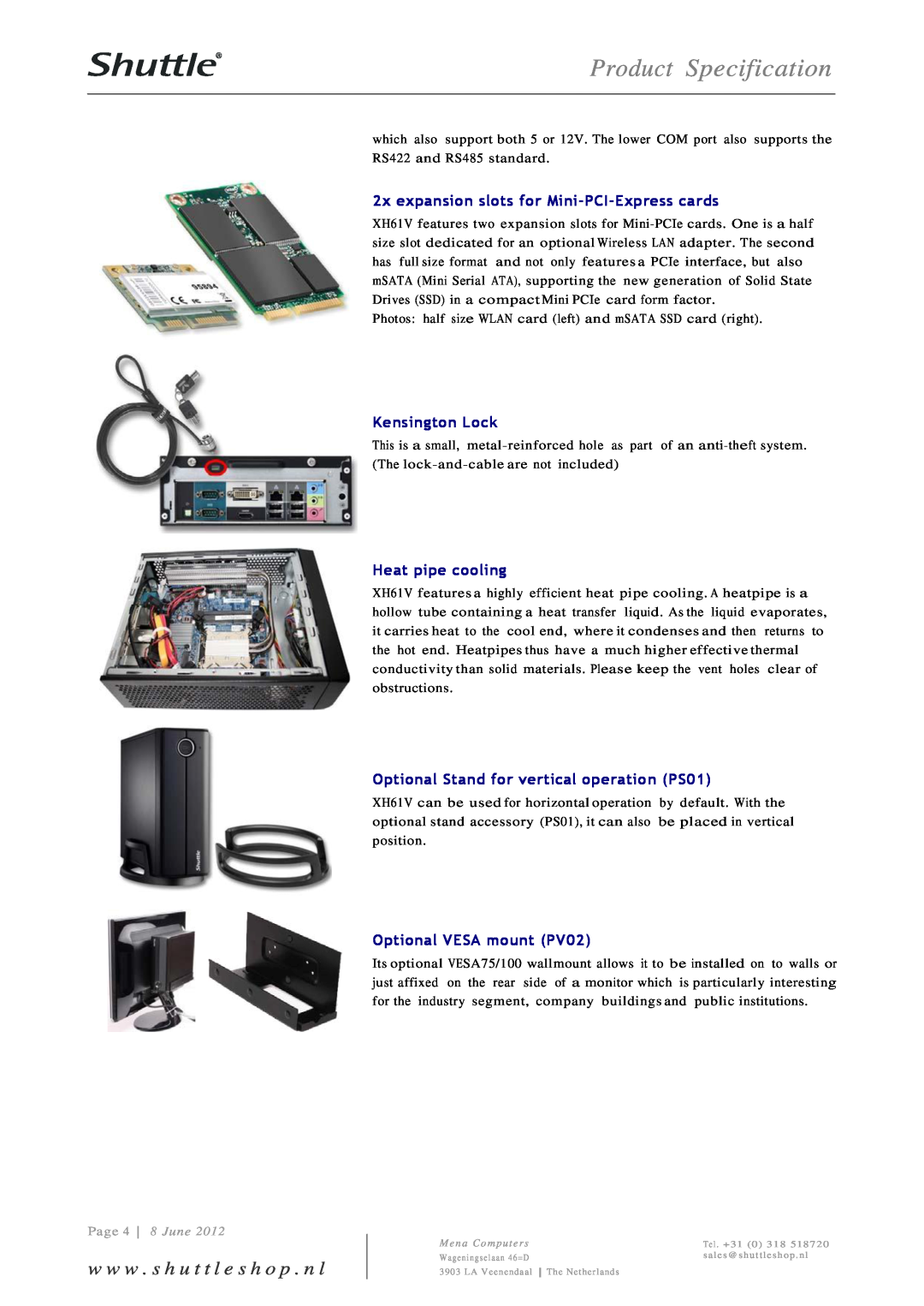 Shuttle Computer Group XH61V Product Specification, w w w . s h u t t l e s h o p . n l, Kensington Lock, Page 4 8 June 