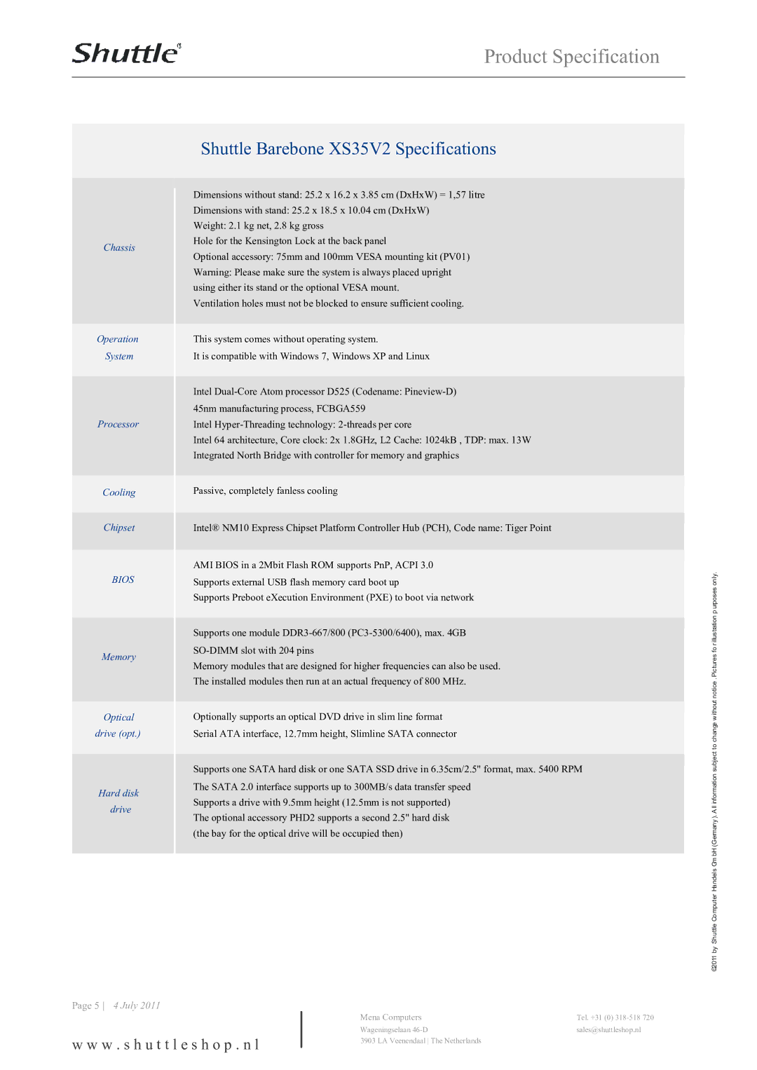 Shuttle Computer Group dimensions Shuttle Barebone XS35V2 Specifications 