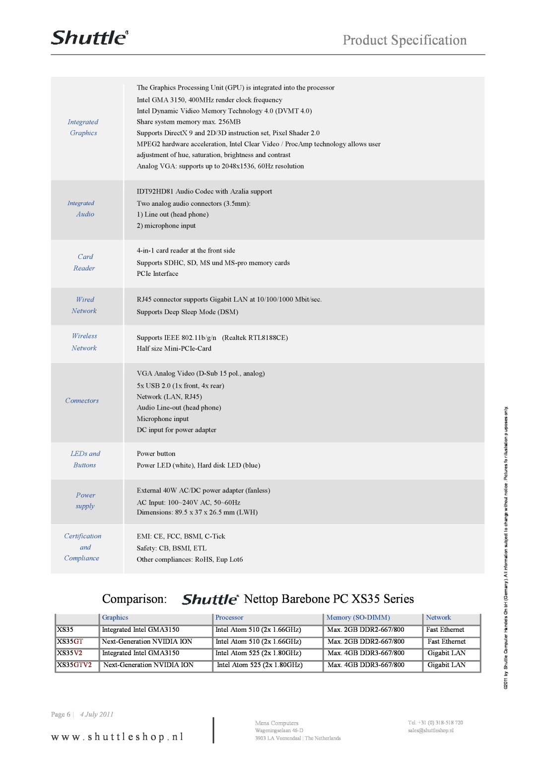 Shuttle Computer Group XS35V2 Product Specification, Comparison, Nettop Barebone PC XS35 Series, Integrated Graphics 