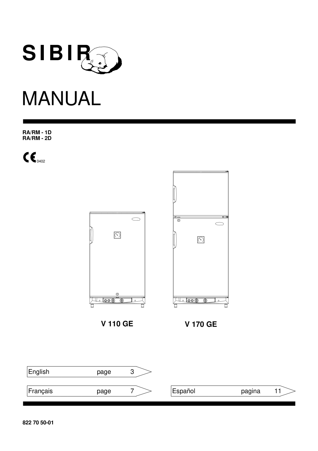 Sibir Optics RA 1-D, RM 1-D manual V 110 GE, V 170 GE, Manual, S I B I R, English, page, Français, Español, pagina, 0402 