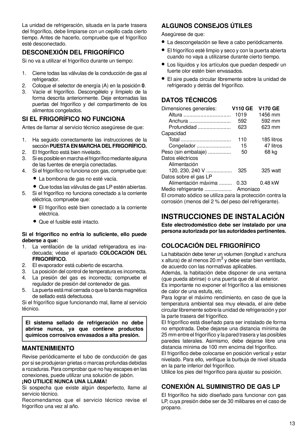Sibir Optics RA 1-D, RM 1-D manual Instrucciones De Instalación, Desconexión Del Frigorífico, Si El Frigorífico No Funciona 