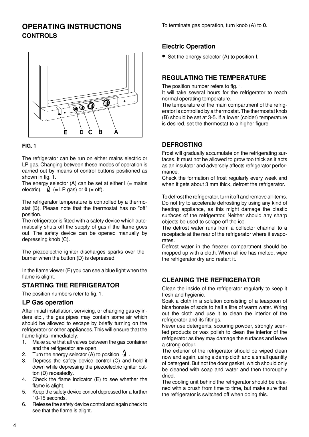 Sibir Optics RM 1-D Operating Instructions, Controls, Starting The Refrigerator, LP Gas operation, Electric Operation 