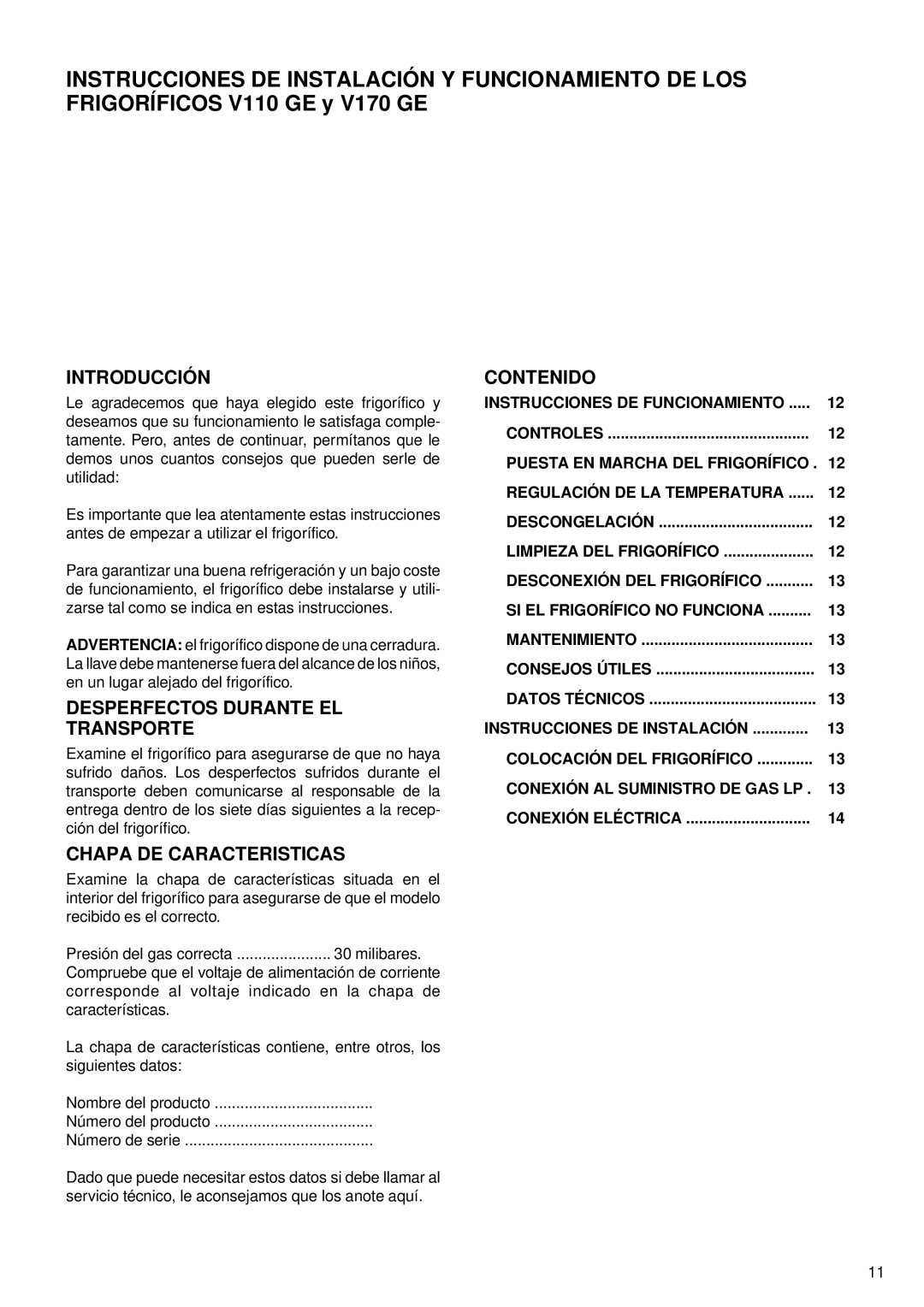 Sibir Optics V 110 GE, V 170 GE manual Introducción, Desperfectos Durante EL Transporte, Contenido, Chapa DE Caracteristicas 