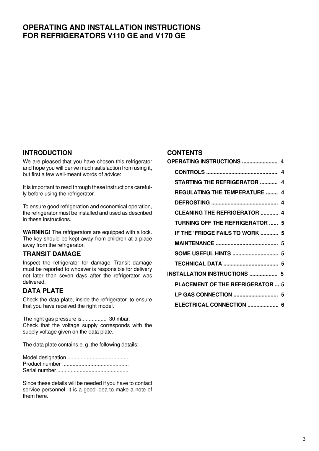 Sibir Optics V 110 GE, V 170 GE manual Introduction, Transit Damage, Data Plate, Contents 