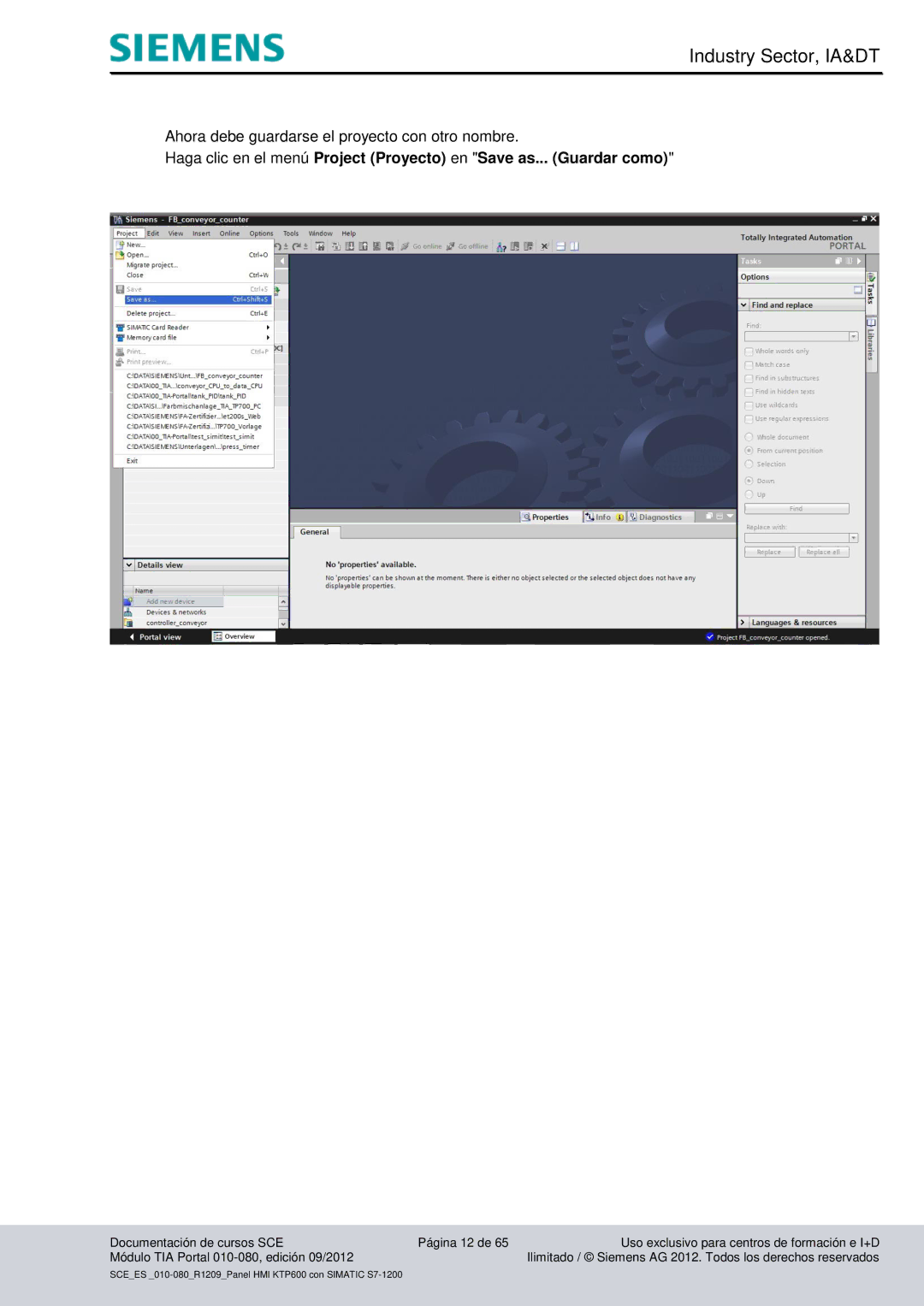 Siemens 010-080 manual Ahora debe guardarse el proyecto con otro nombre 