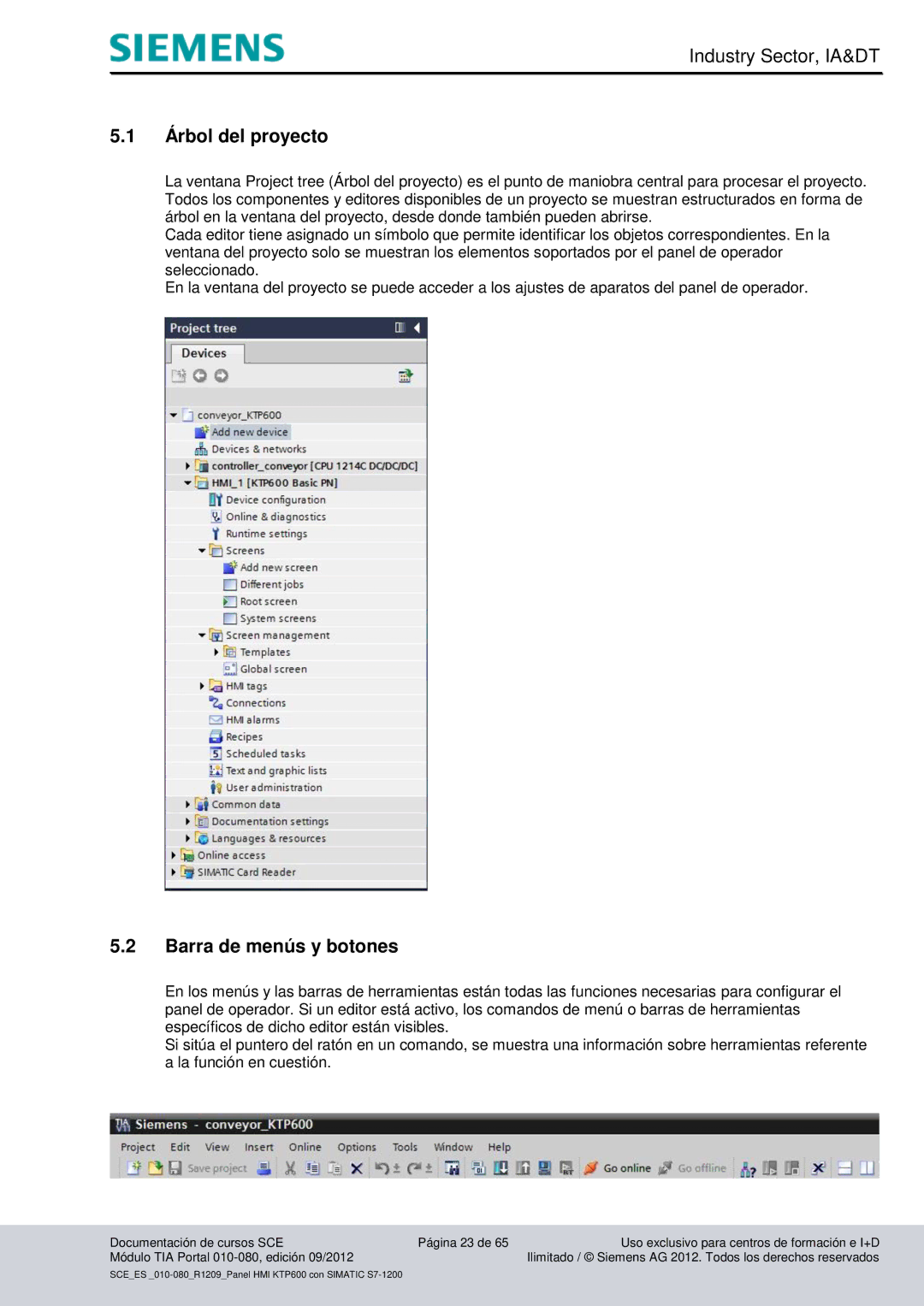 Siemens 010-080 manual Árbol del proyecto, Barra de menús y botones 