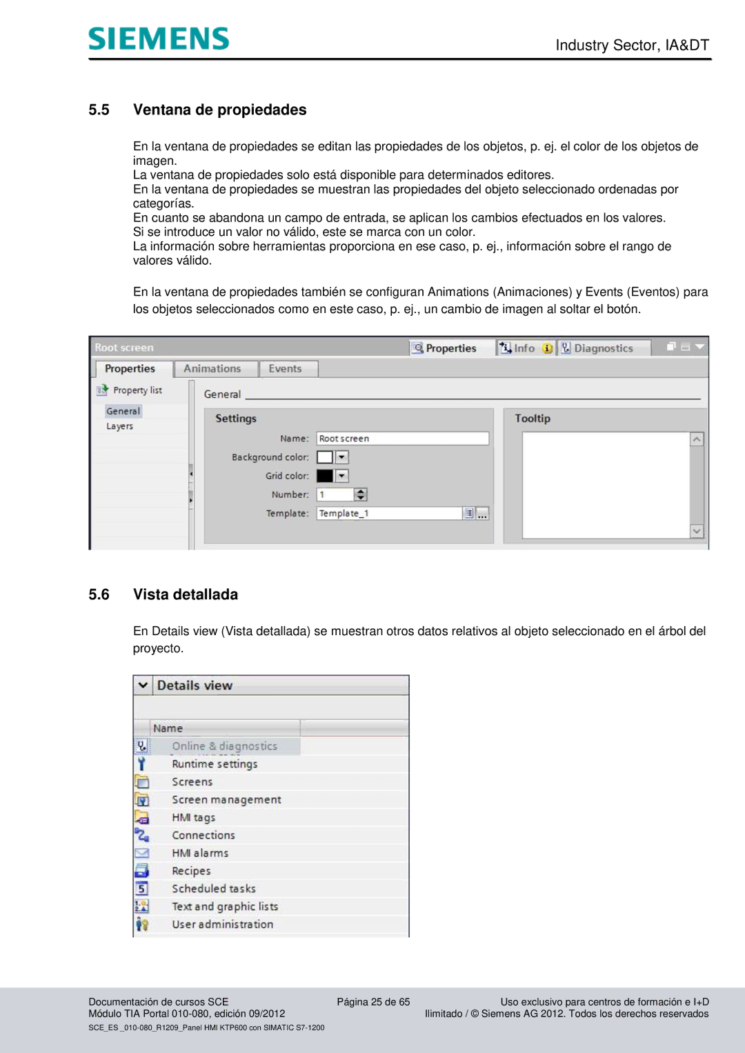 Siemens 010-080 manual Ventana de propiedades, Vista detallada 