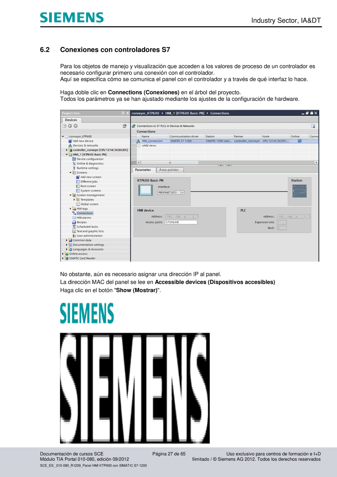 Siemens 010-080 manual Conexiones con controladores S7, Haga clic en el botón Show Mostrar 