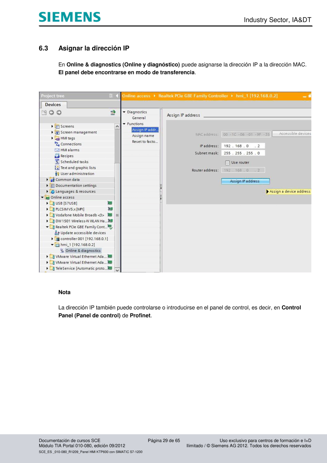 Siemens 010-080 manual Asignar la dirección IP, Nota, Panel Panel de control de Profinet 