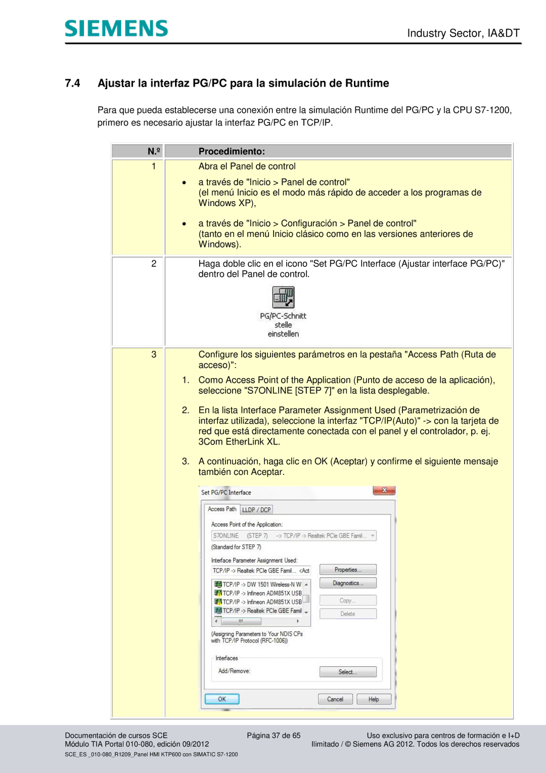 Siemens 010-080 manual Ajustar la interfaz PG/PC para la simulación de Runtime, Procedimiento 