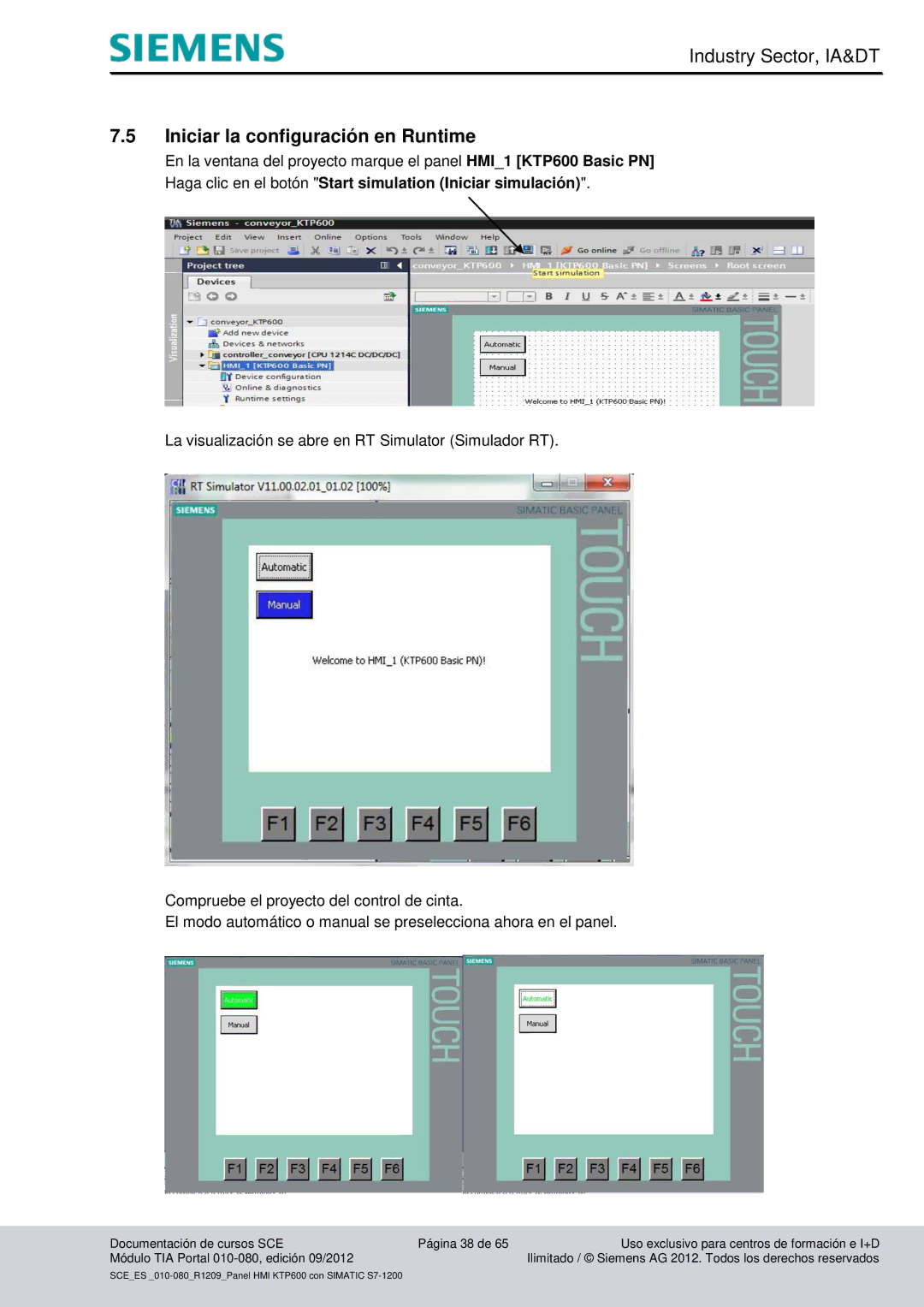 Siemens 010-080 manual Iniciar la configuración en Runtime, Haga clic en el botón Start simulation Iniciar simulación 