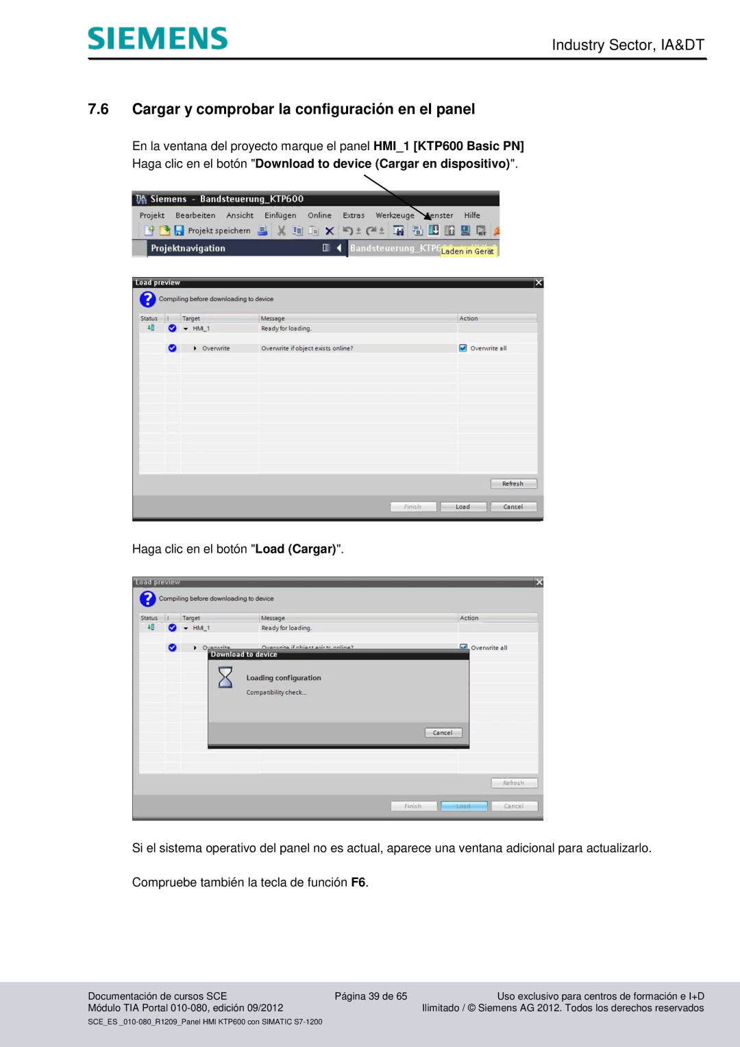 Siemens 010-080 manual Cargar y comprobar la configuración en el panel 