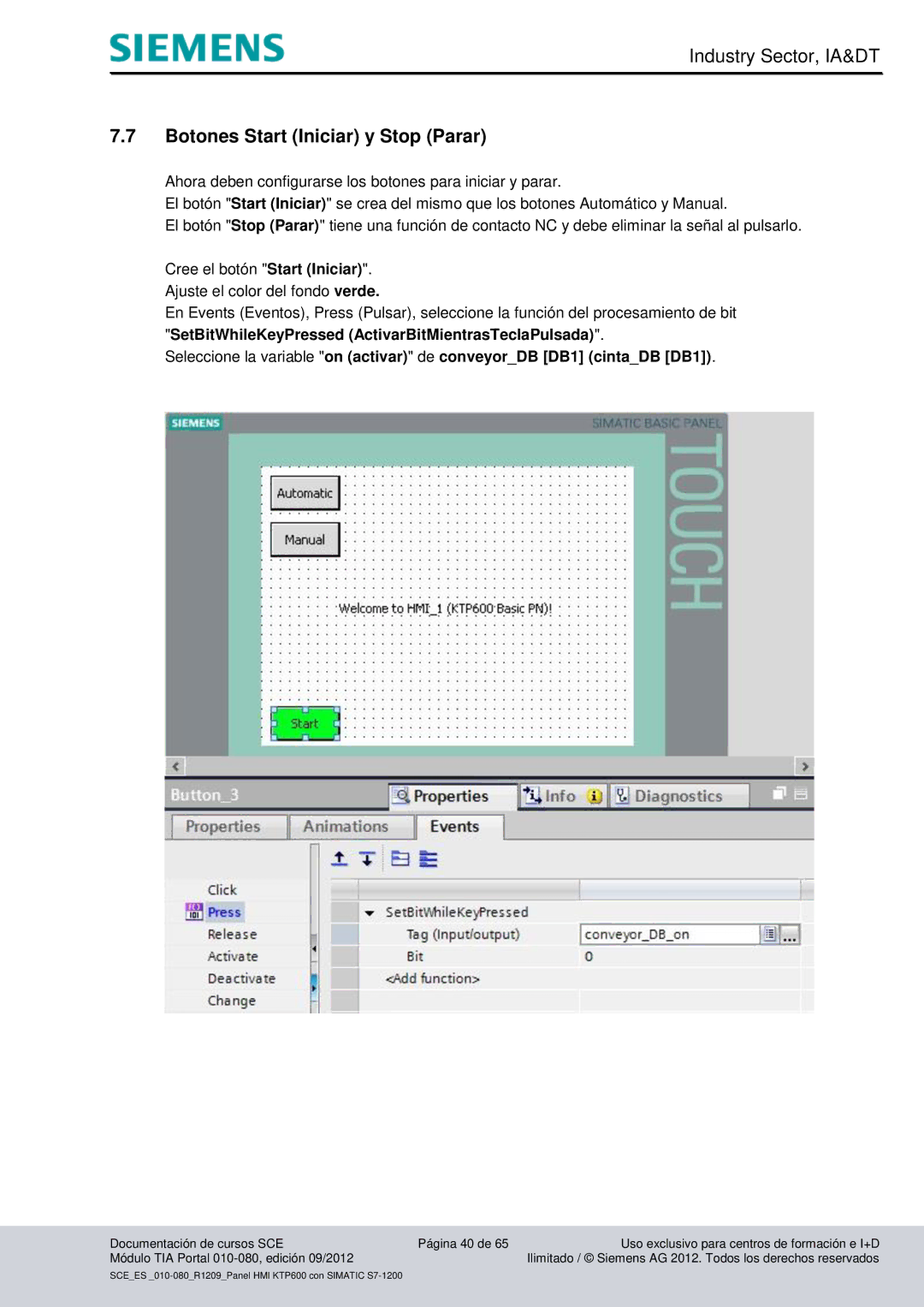 Siemens 010-080 manual Botones Start Iniciar y Stop Parar 