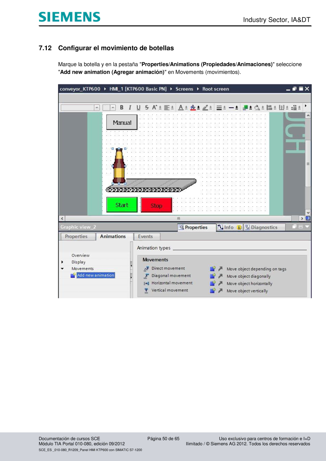 Siemens 010-080 manual Configurar el movimiento de botellas 