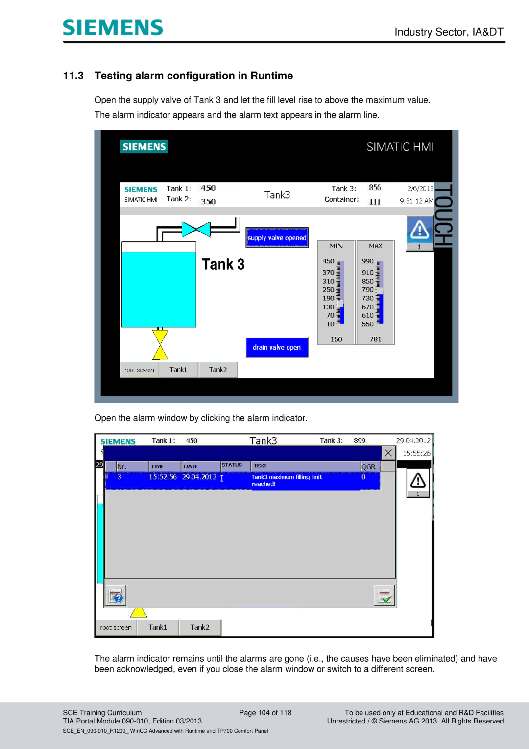 Siemens 090-010 manual Testing alarm configuration in Runtime 