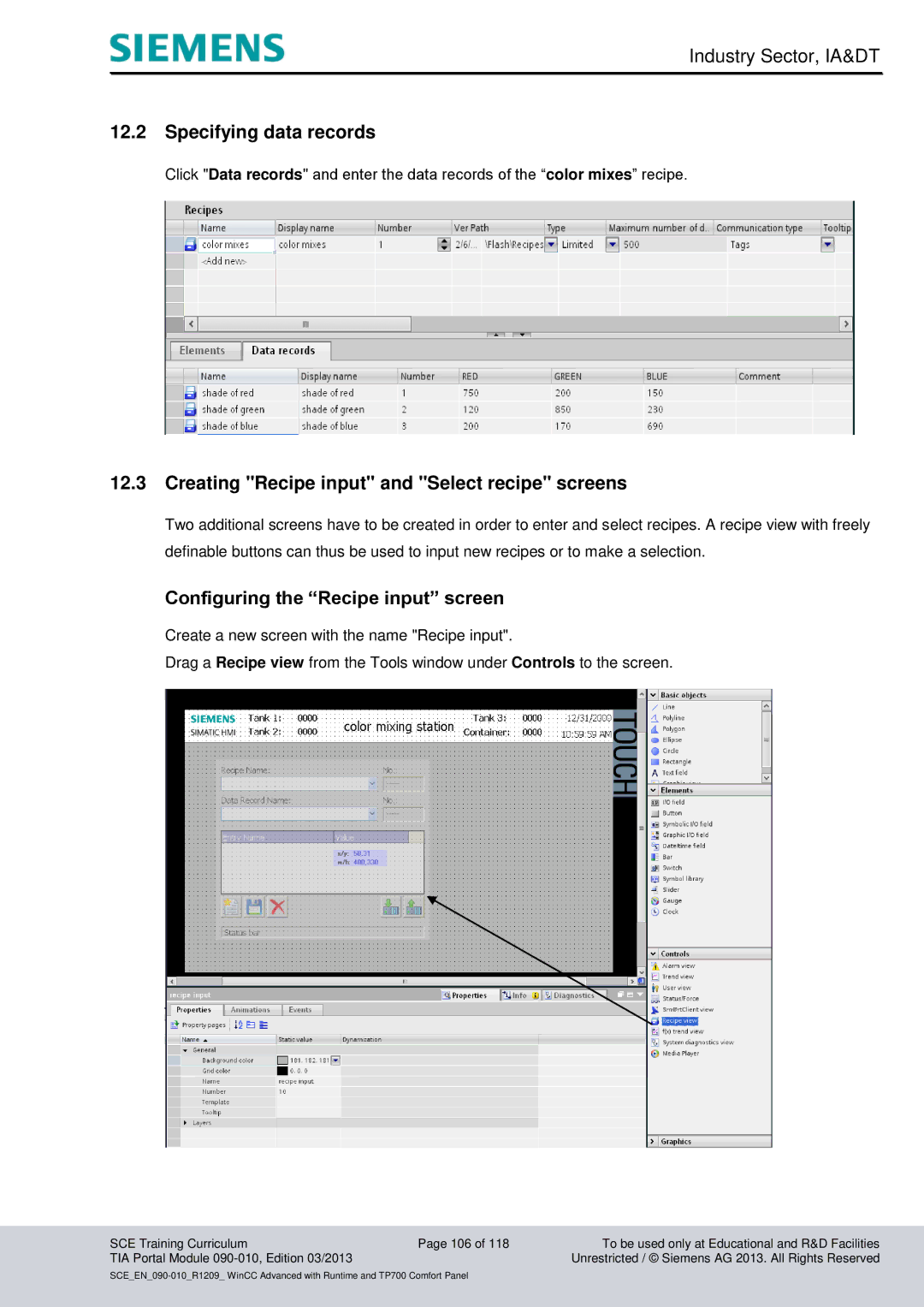 Siemens 090-010 manual Specifying data records, Creating Recipe input and Select recipe screens 