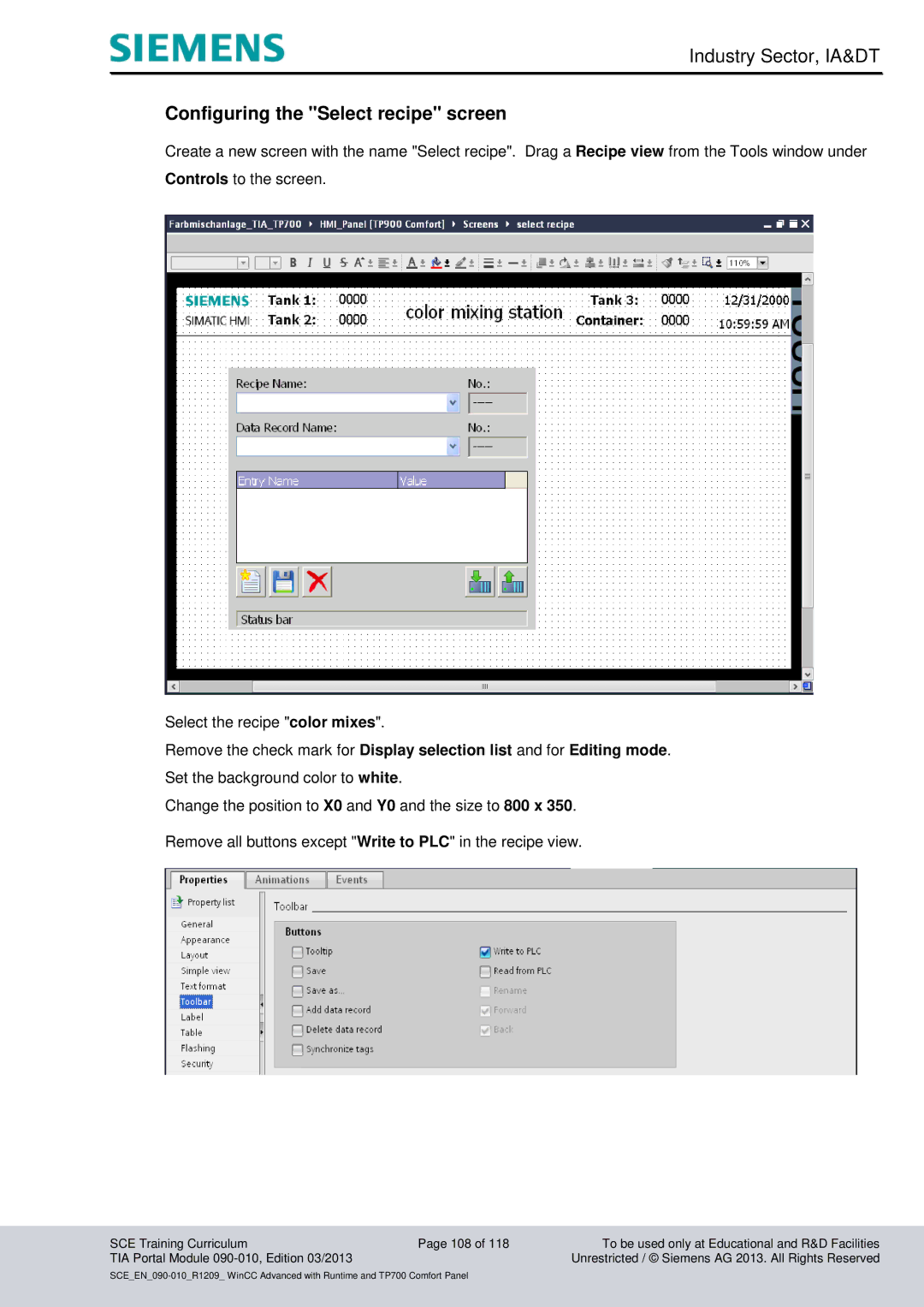 Siemens 090-010 manual Configuring the Select recipe screen 