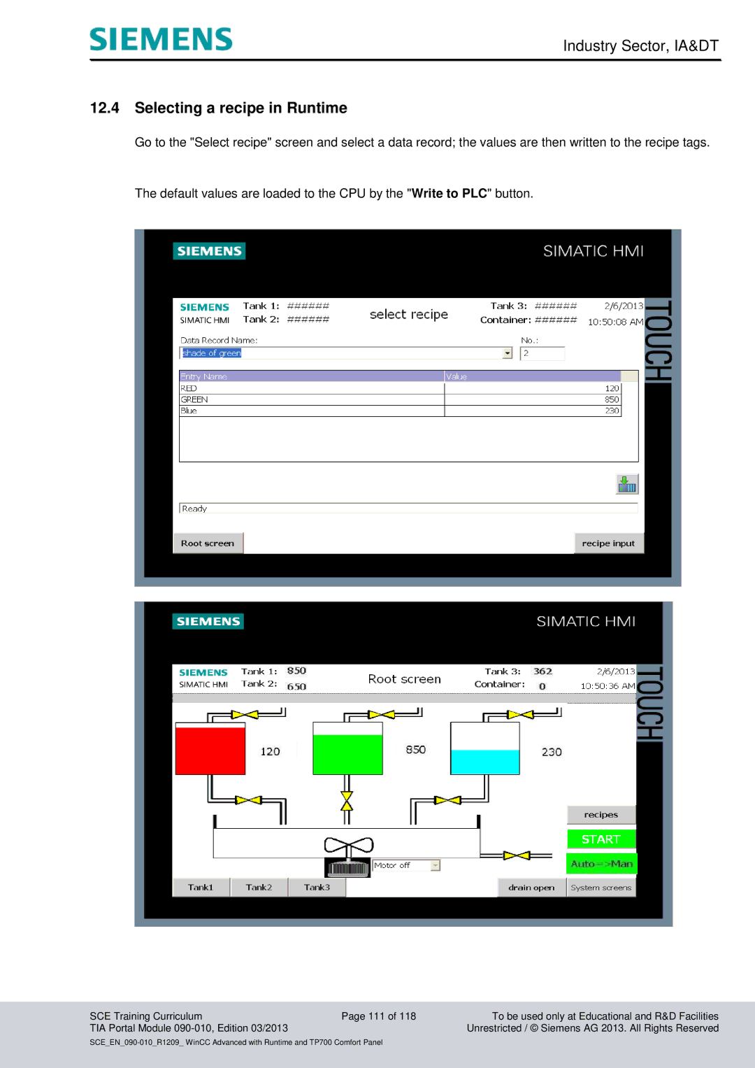 Siemens 090-010 manual Selecting a recipe in Runtime 