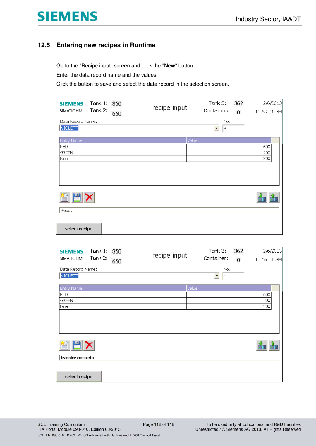 Siemens 090-010 manual Entering new recipes in Runtime 