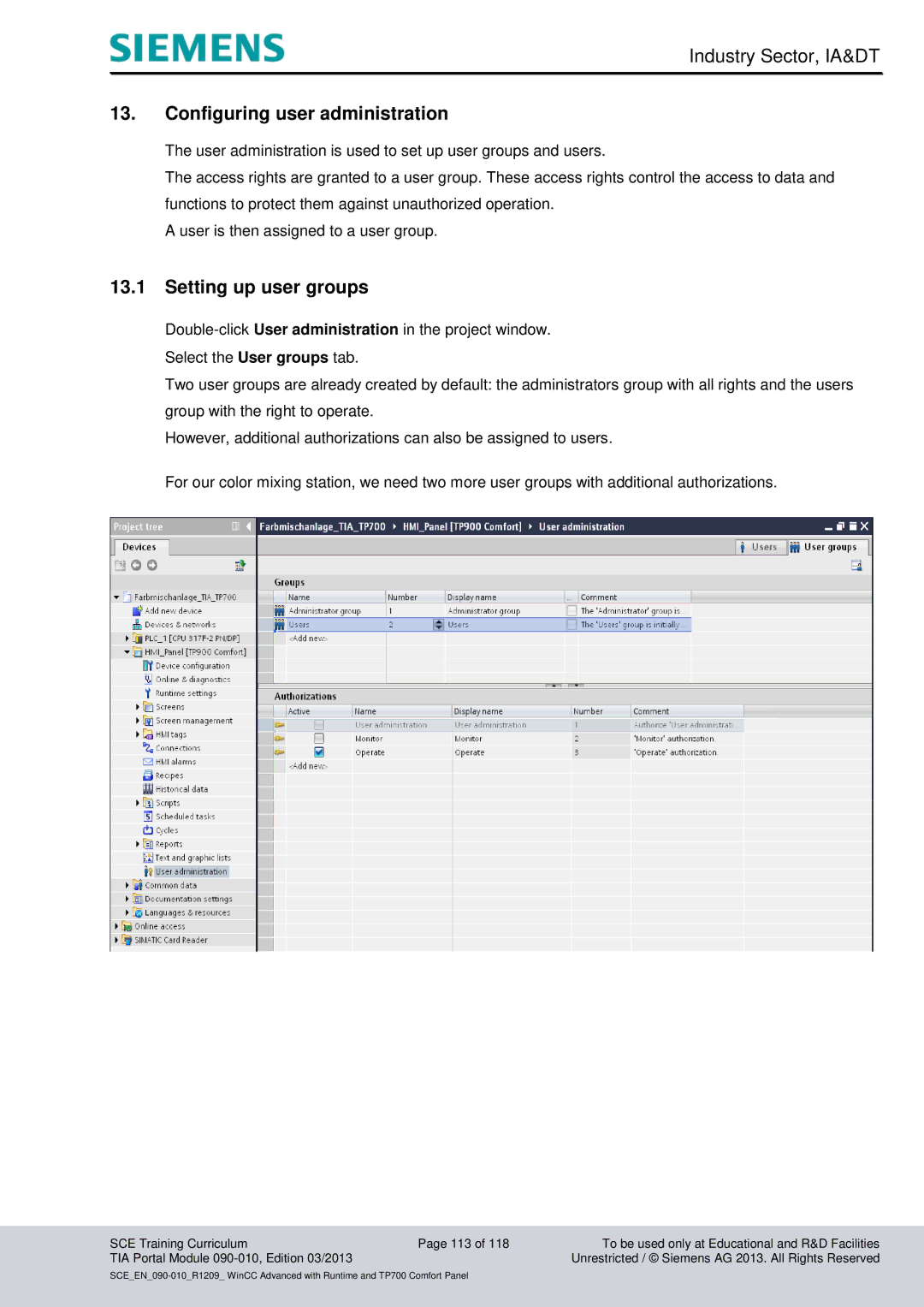 Siemens 090-010 manual Configuring user administration, Setting up user groups 