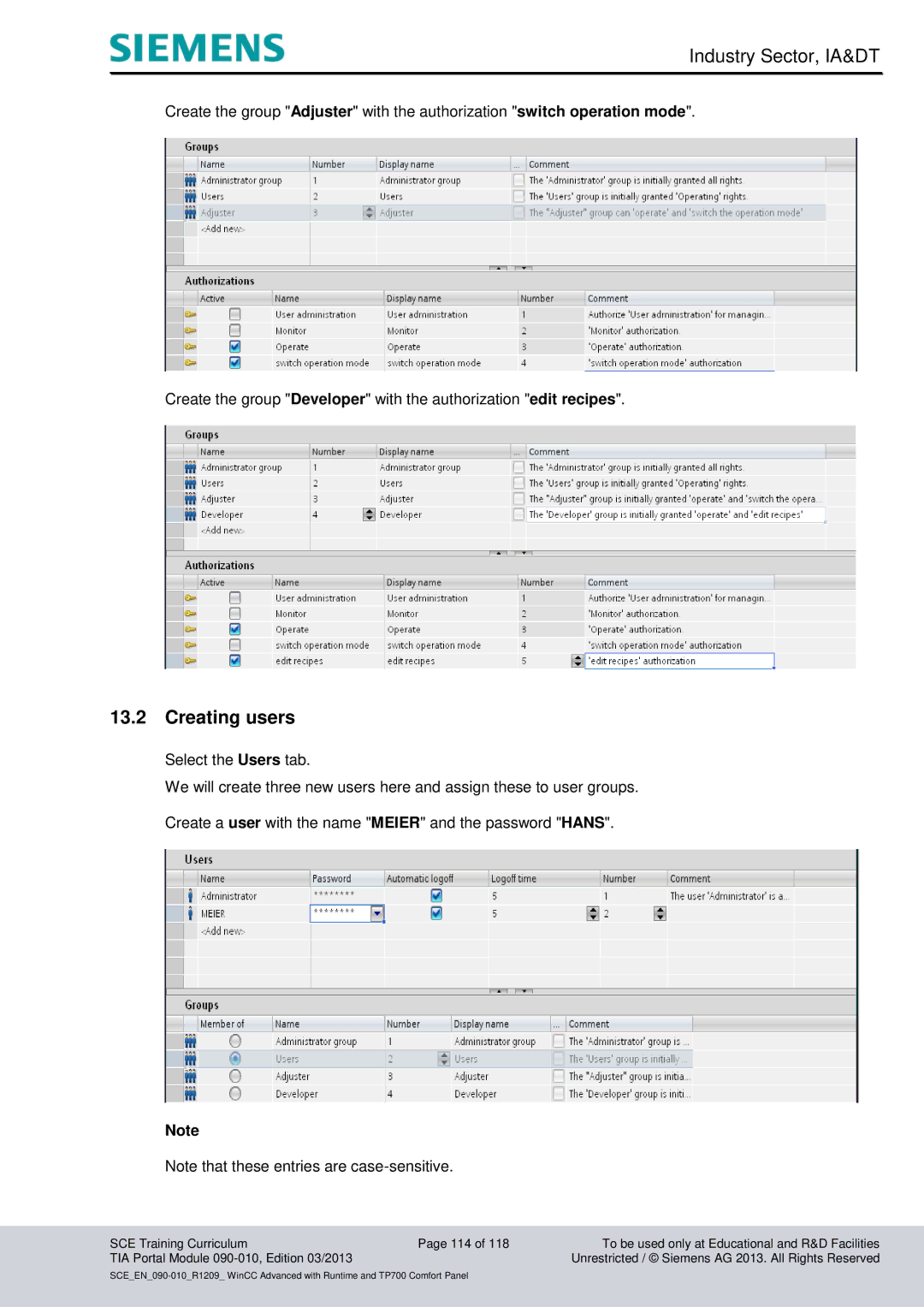 Siemens 090-010 manual Creating users 