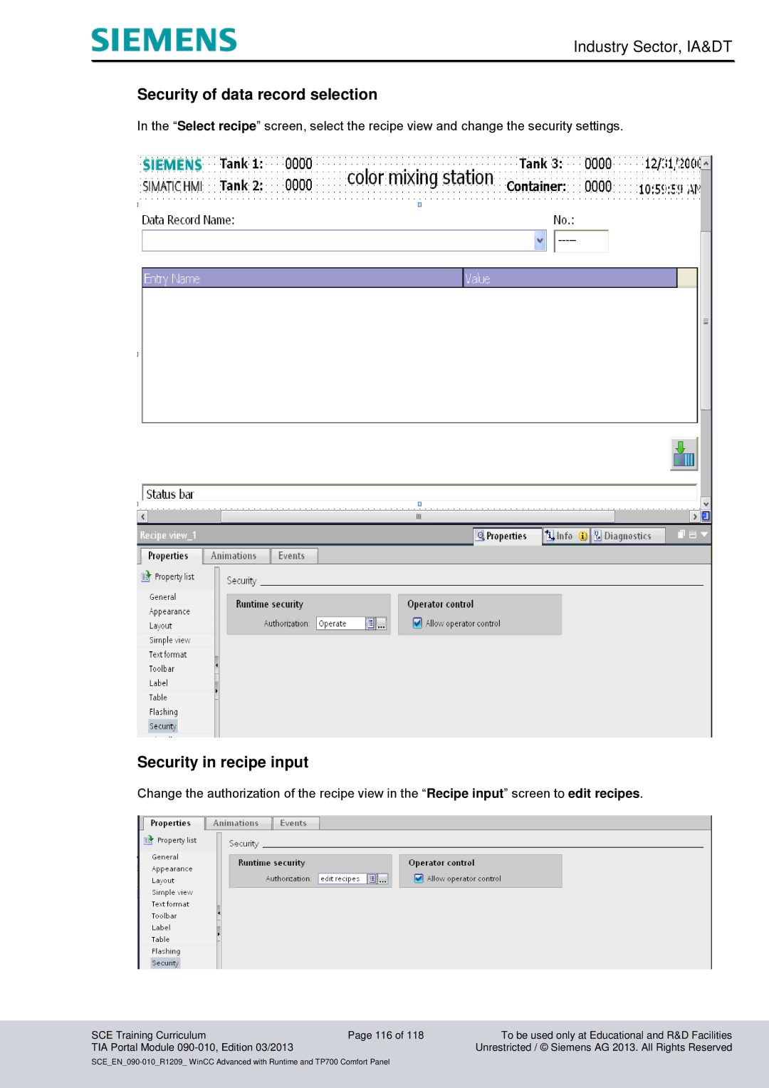 Siemens 090-010 manual Security of data record selection, Security in recipe input 