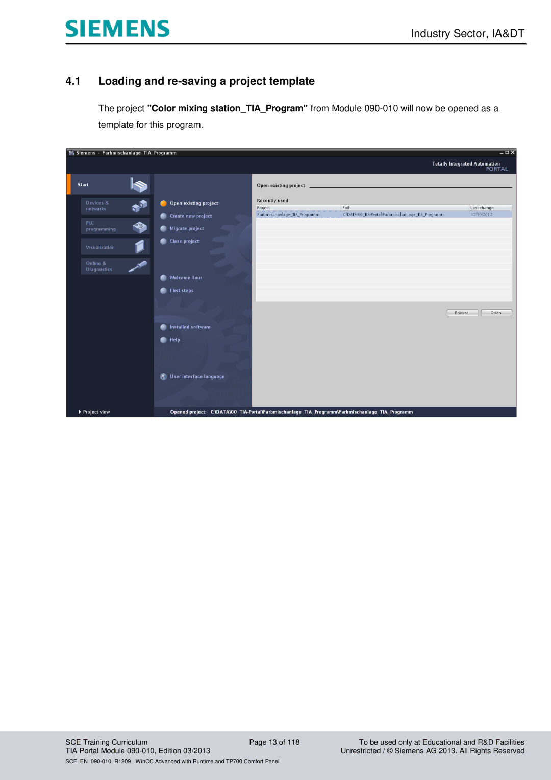 Siemens 090-010 manual Loading and re-saving a project template 