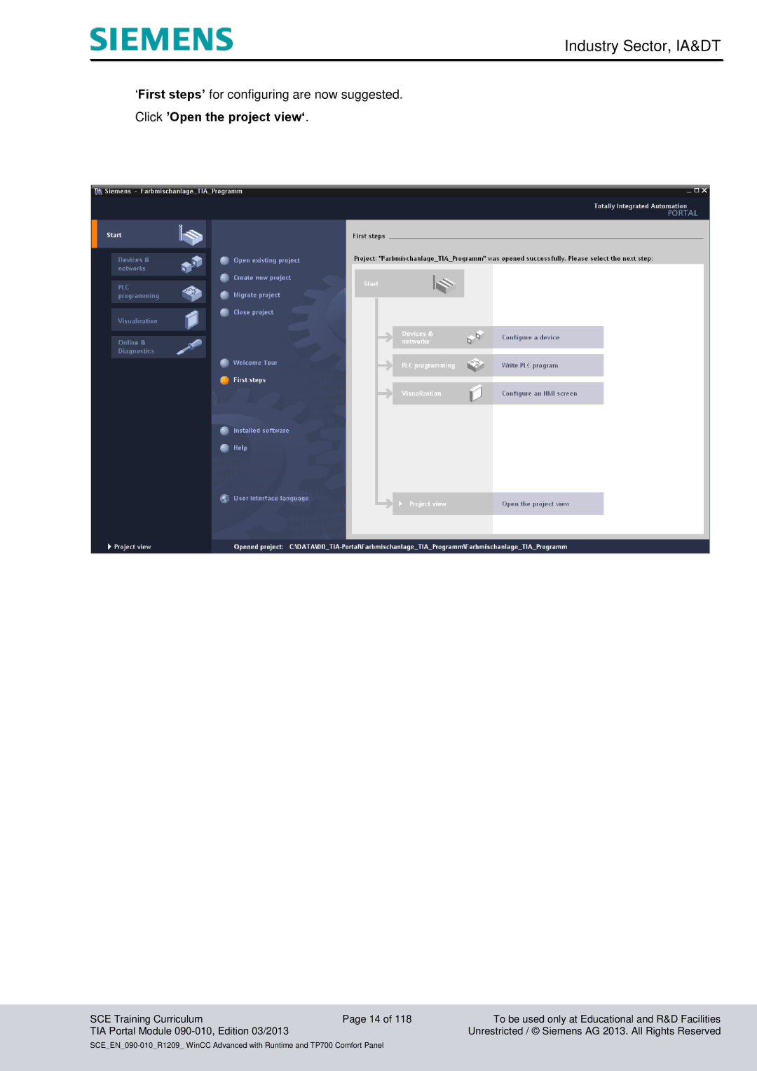 Siemens 090-010 manual Click ’Open the project view‘ 