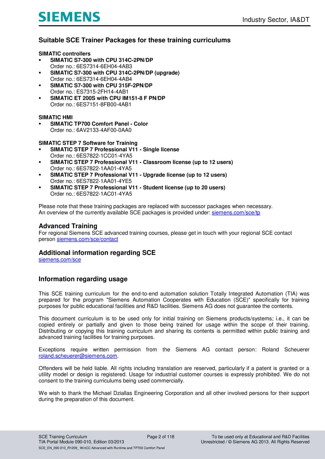 Siemens 090-010 manual Suitable SCE Trainer Packages for these training curriculums 