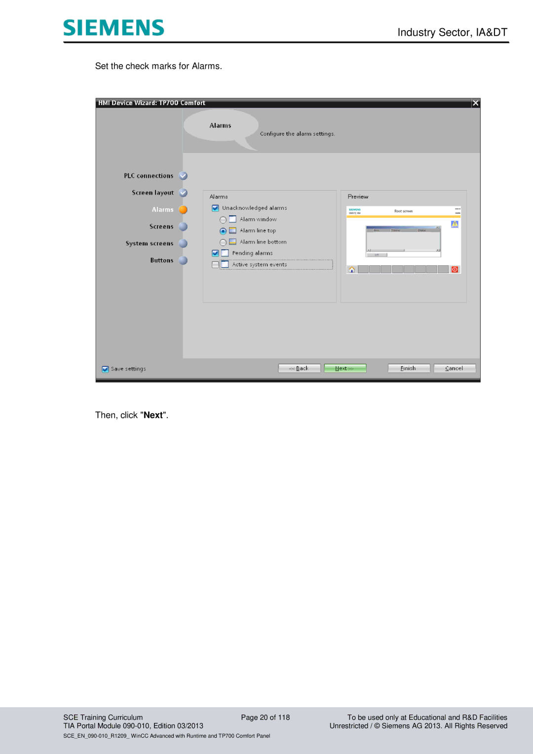Siemens 090-010 manual Set the check marks for Alarms Then, click Next 
