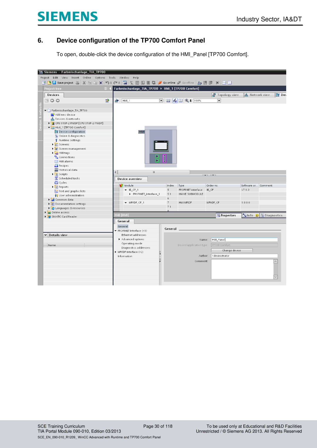 Siemens 090-010 manual Device configuration of the TP700 Comfort Panel 