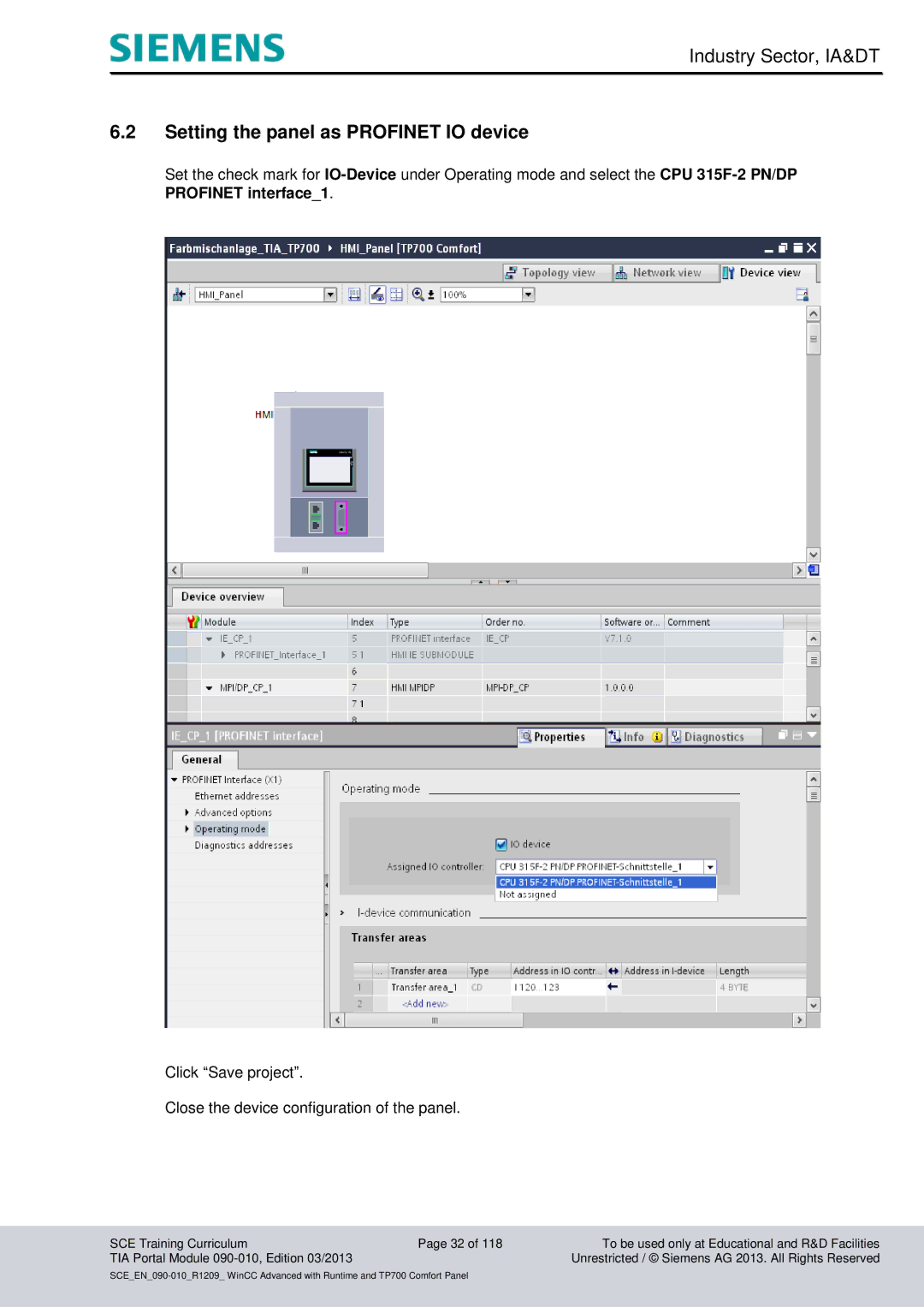 Siemens 090-010 manual Setting the panel as Profinet IO device 