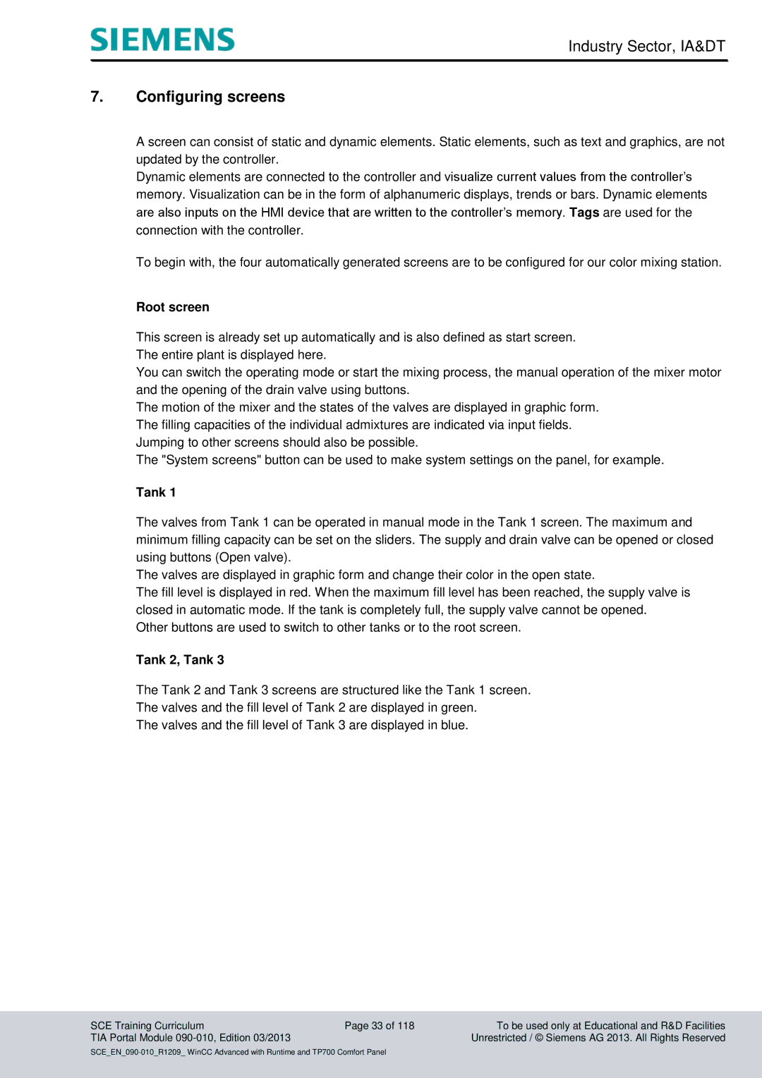Siemens 090-010 manual Configuring screens, Root screen, Tank 2, Tank 