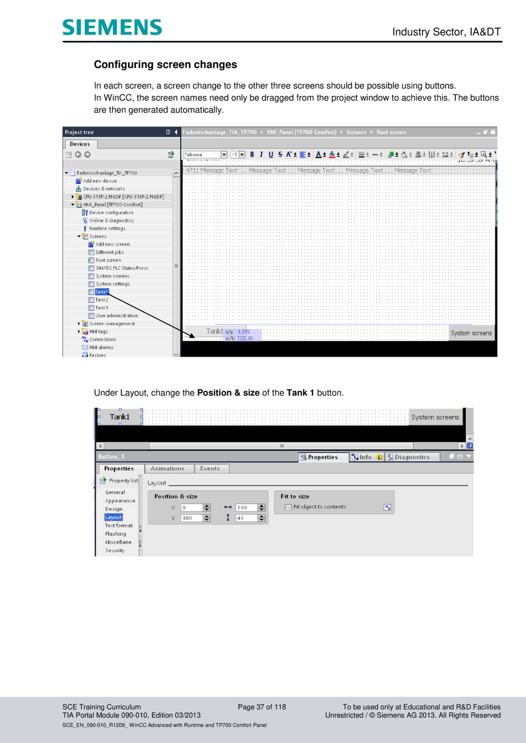 Siemens 090-010 manual Configuring screen changes 