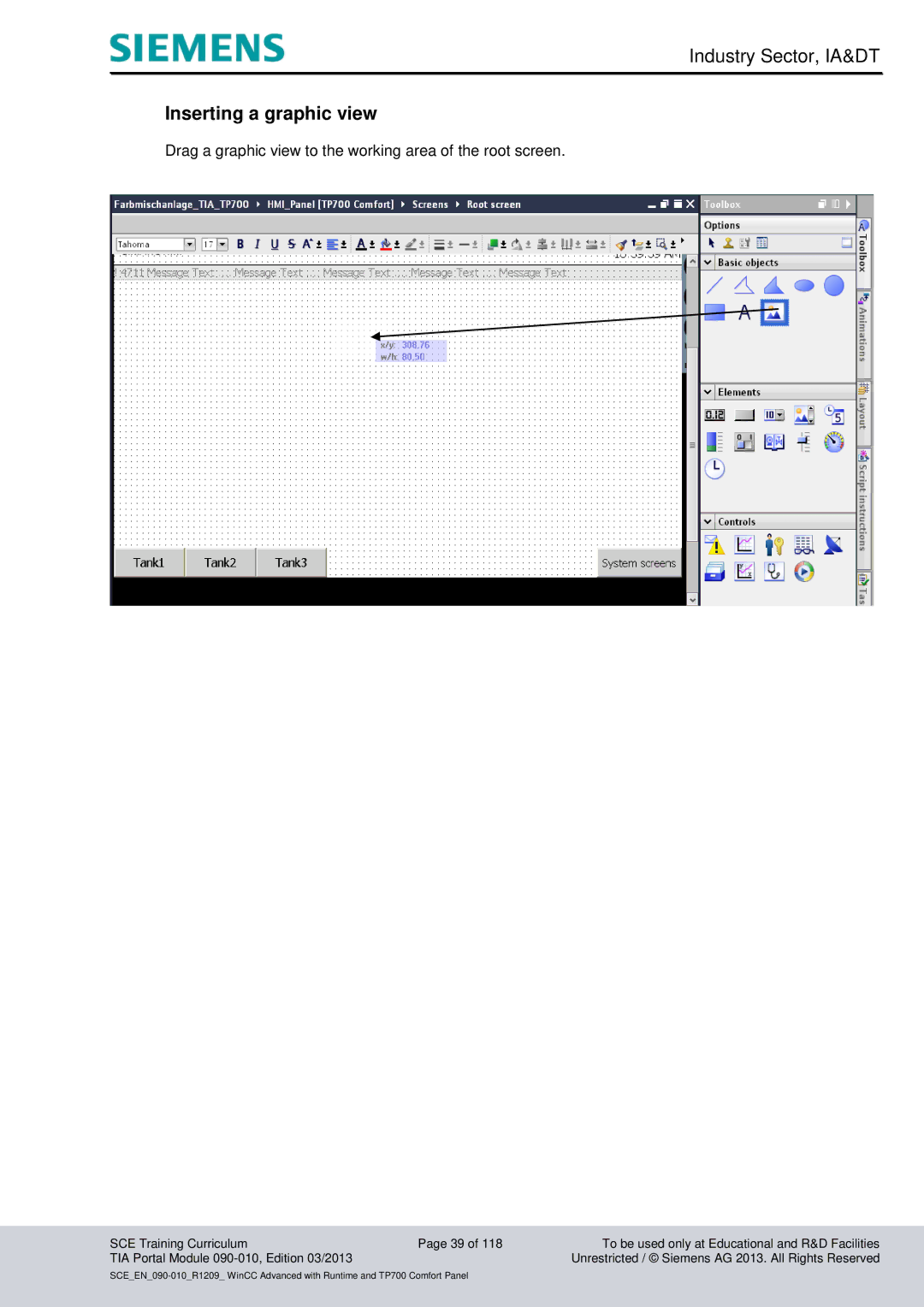 Siemens 090-010 manual Inserting a graphic view, Drag a graphic view to the working area of the root screen 