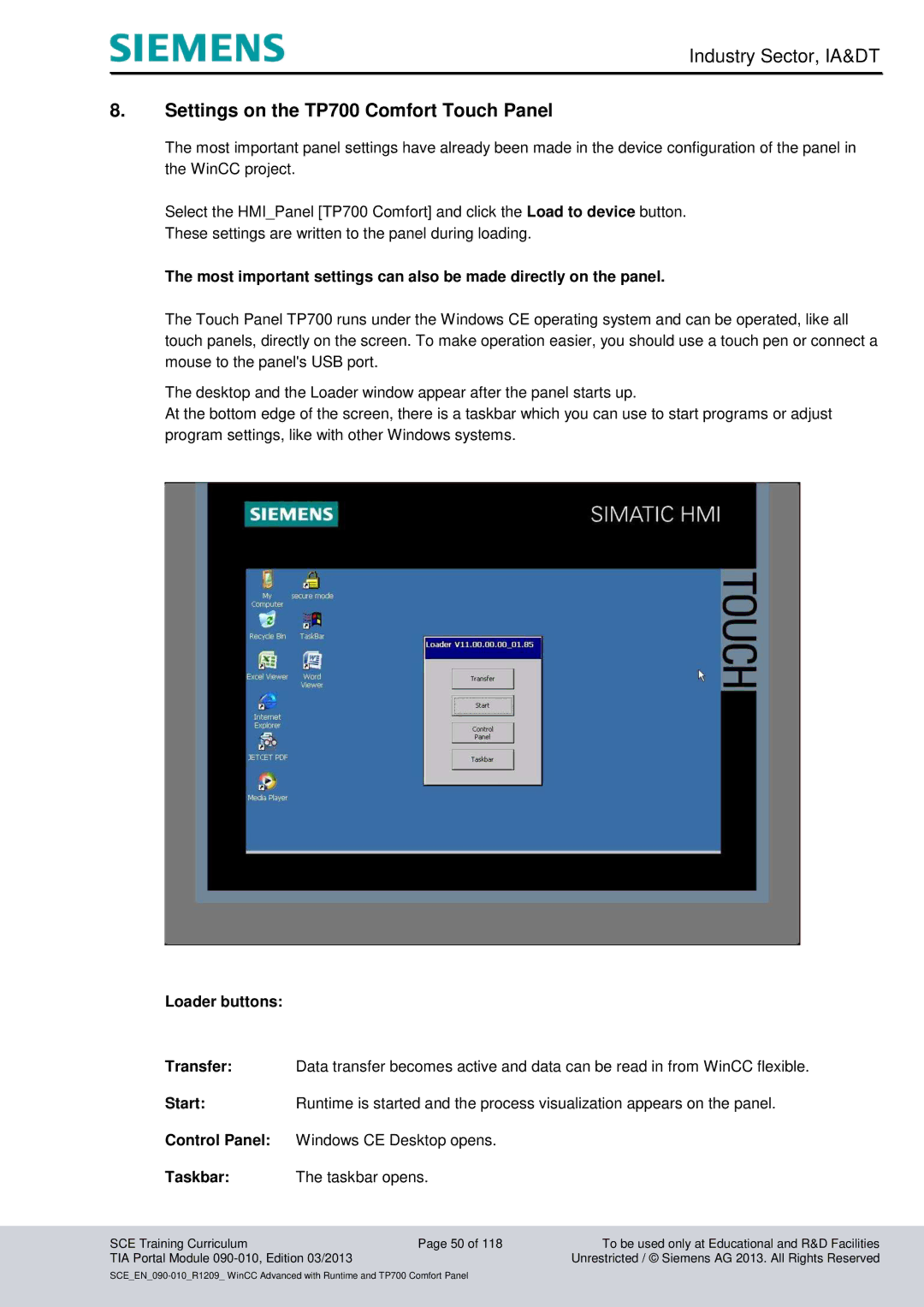 Siemens 090-010 manual Settings on the TP700 Comfort Touch Panel, Loader buttons 