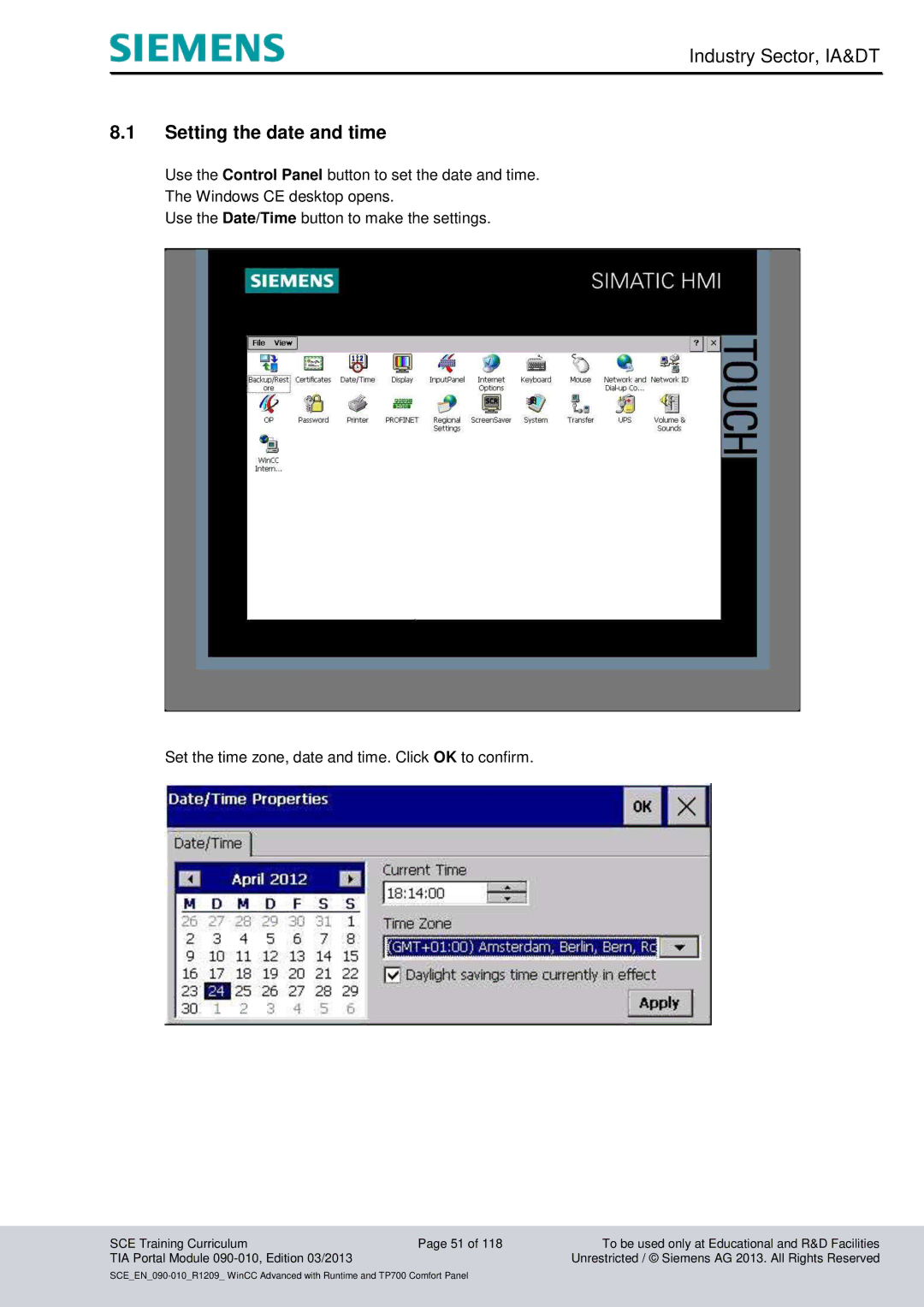 Siemens 090-010 manual Setting the date and time 