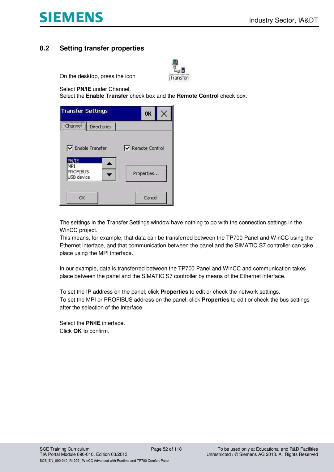 Siemens 090-010 manual Setting transfer properties 