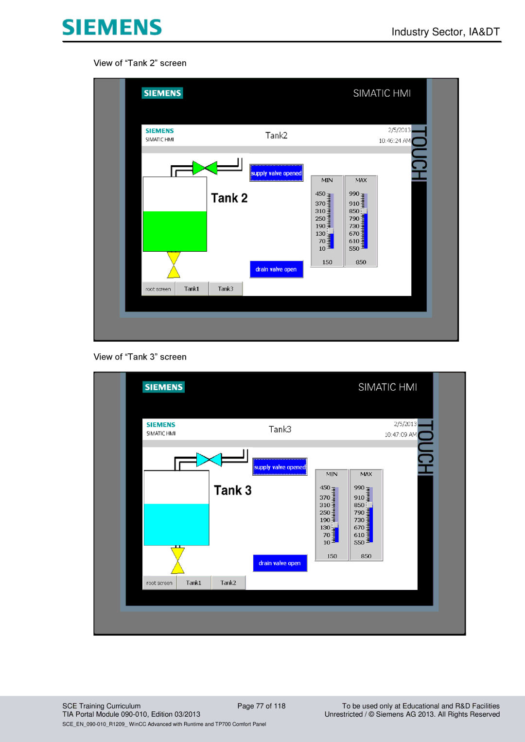 Siemens 090-010 manual View of Tank 2 screen View of Tank 3 screen 