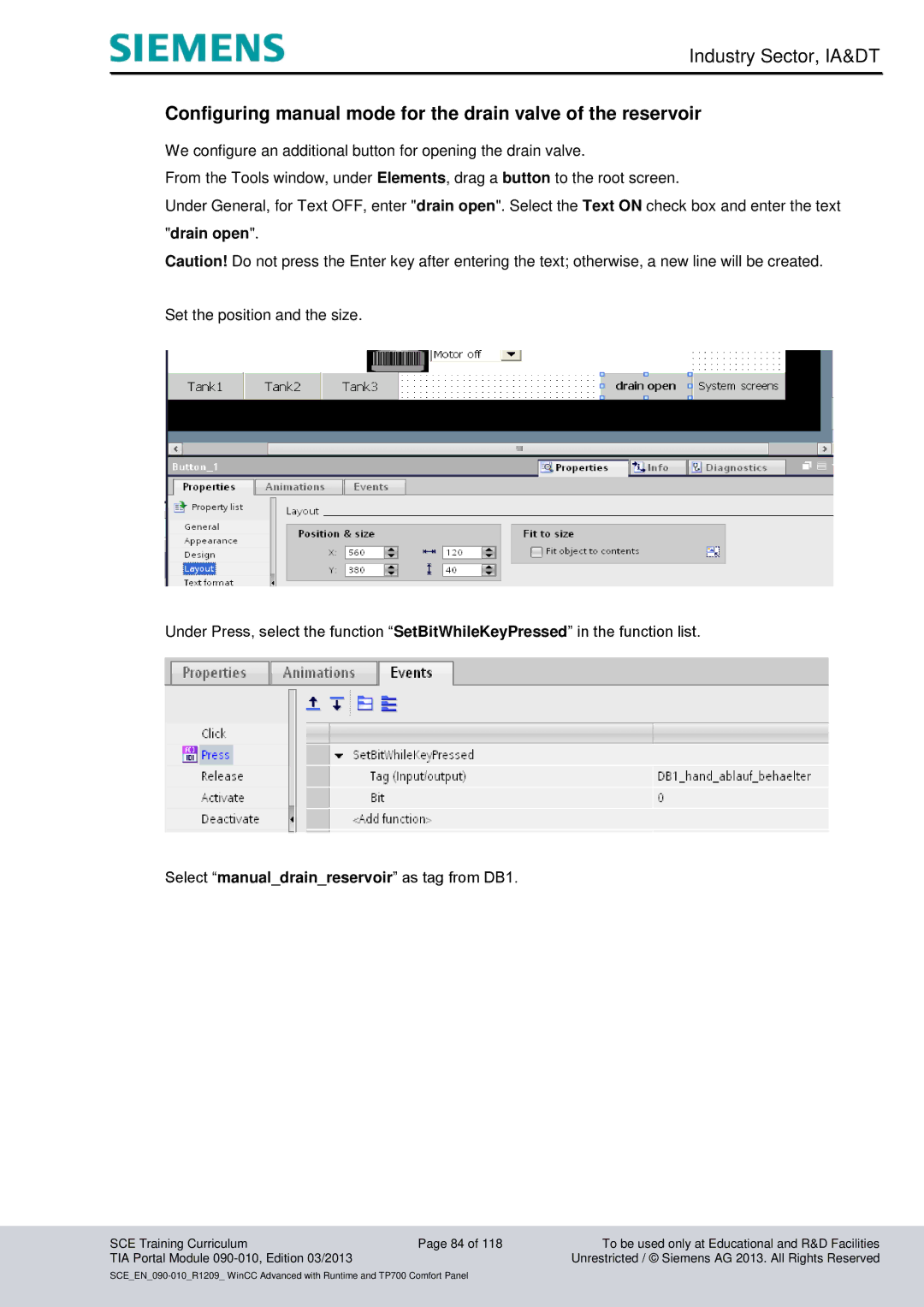 Siemens 090-010 Configuring manual mode for the drain valve of the reservoir 