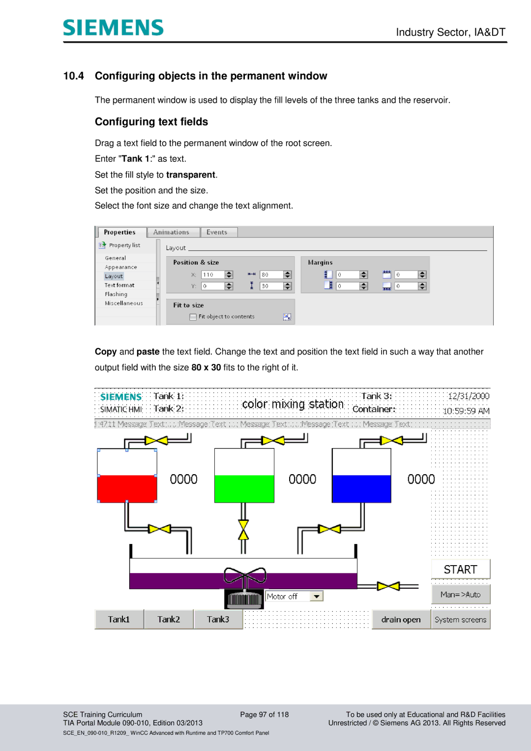 Siemens 090-010 manual Configuring objects in the permanent window, Configuring text fields 