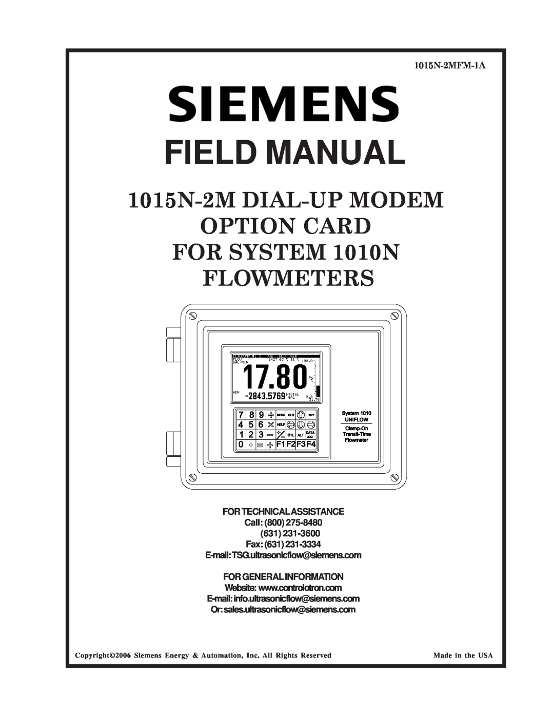 Siemens 1015N-2MFM-1A manual 1015N-2M DIAL-UP MODEM, Option Card, FOR SYSTEM 1010N, Flowmeters, Field Manual, Call 800 