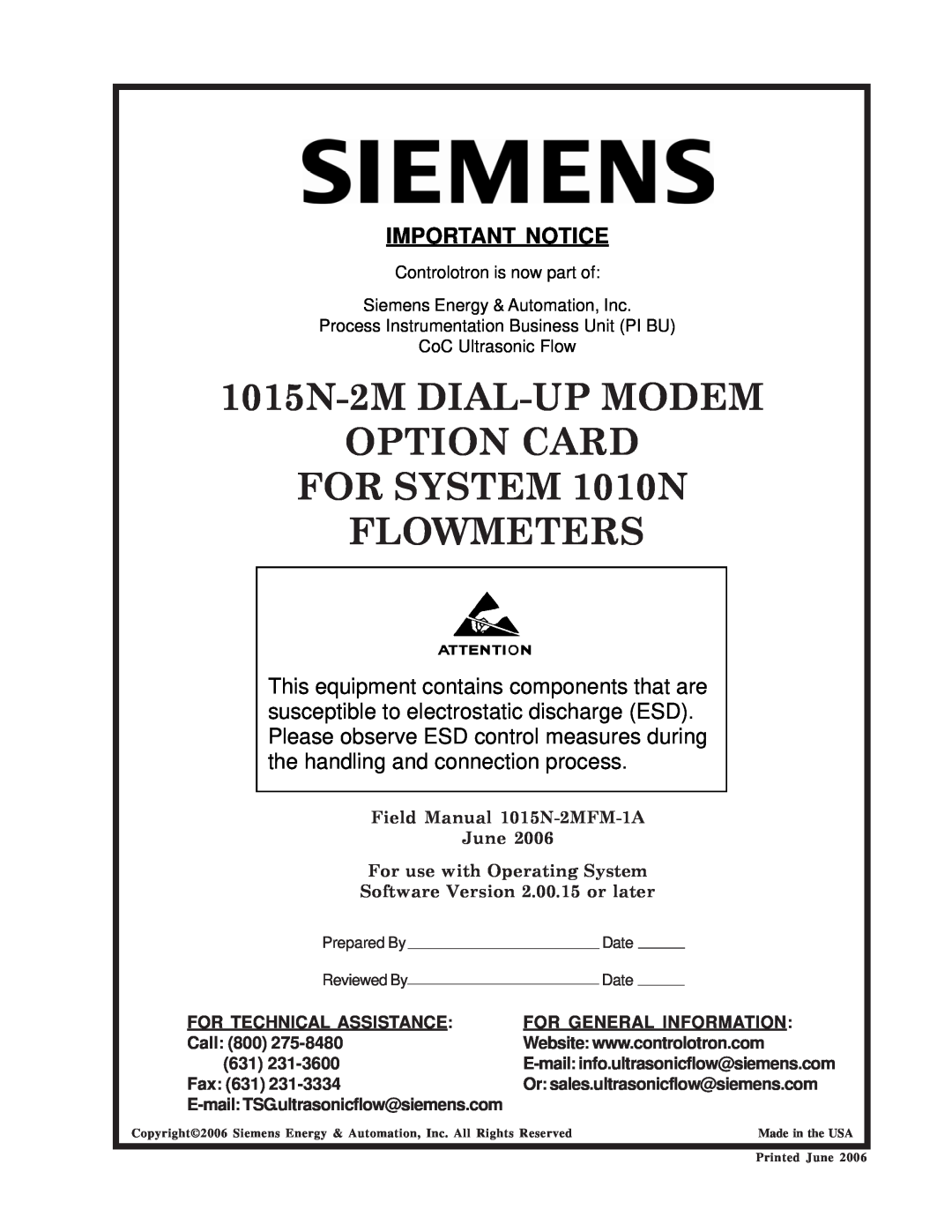 Siemens 1015N-2MFM-1A 1015N-2M DIAL-UP MODEM OPTION CARD FOR SYSTEM 1010N FLOWMETERS, Important Notice, Call 800, Fax 631 