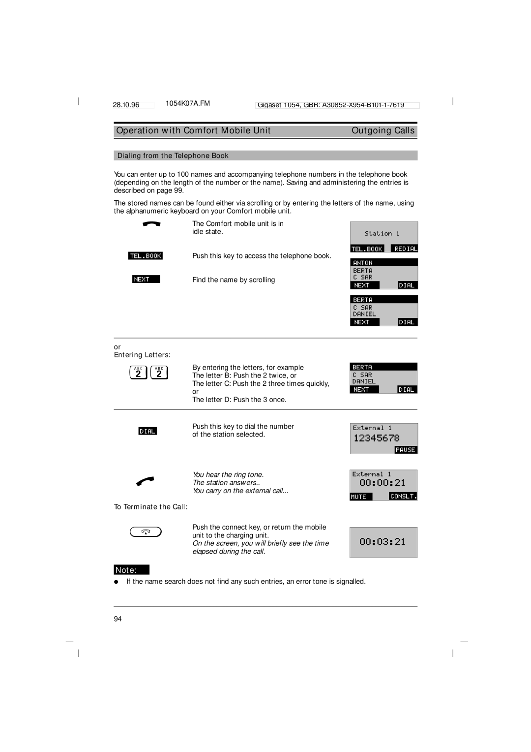 Siemens 1054 operating instructions Dialing from the Telephone Book, Entering Letters 